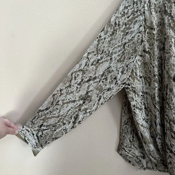 DKNY Top Women's XL Brown Snake Print Faux-Wrap Long Sleeve Semi Sheer Career - Picture 11 of 11